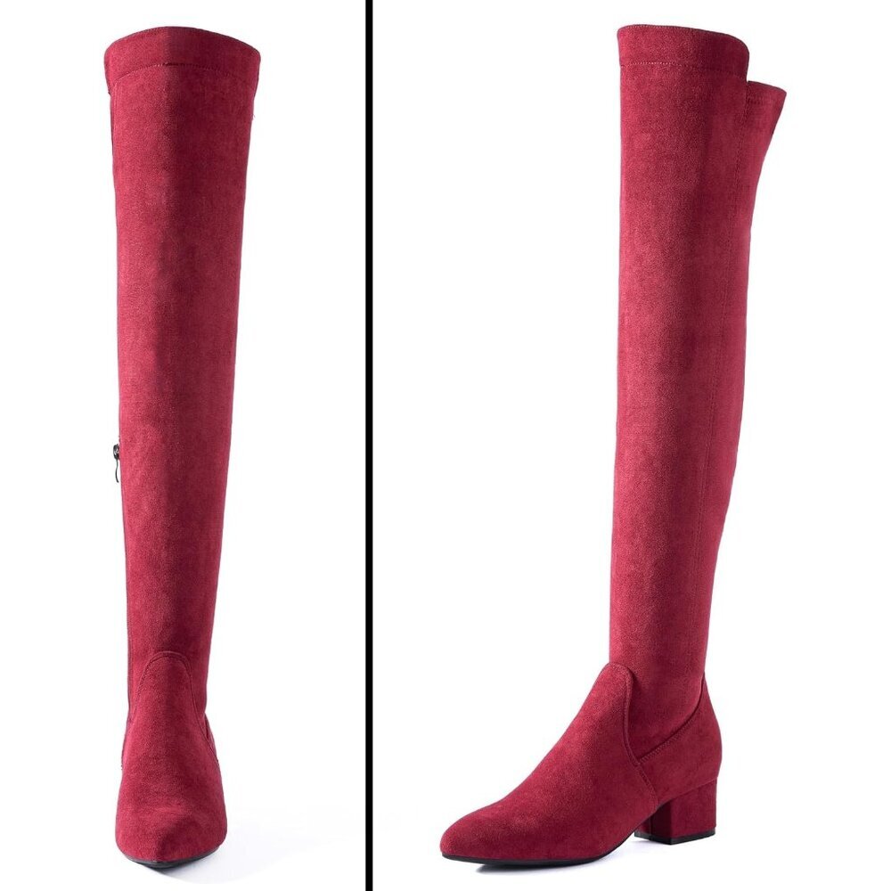 Women's Red Suede High Thigh Low Block Stylish Over-the-Knee Heel Boot - Picture 3 of 6